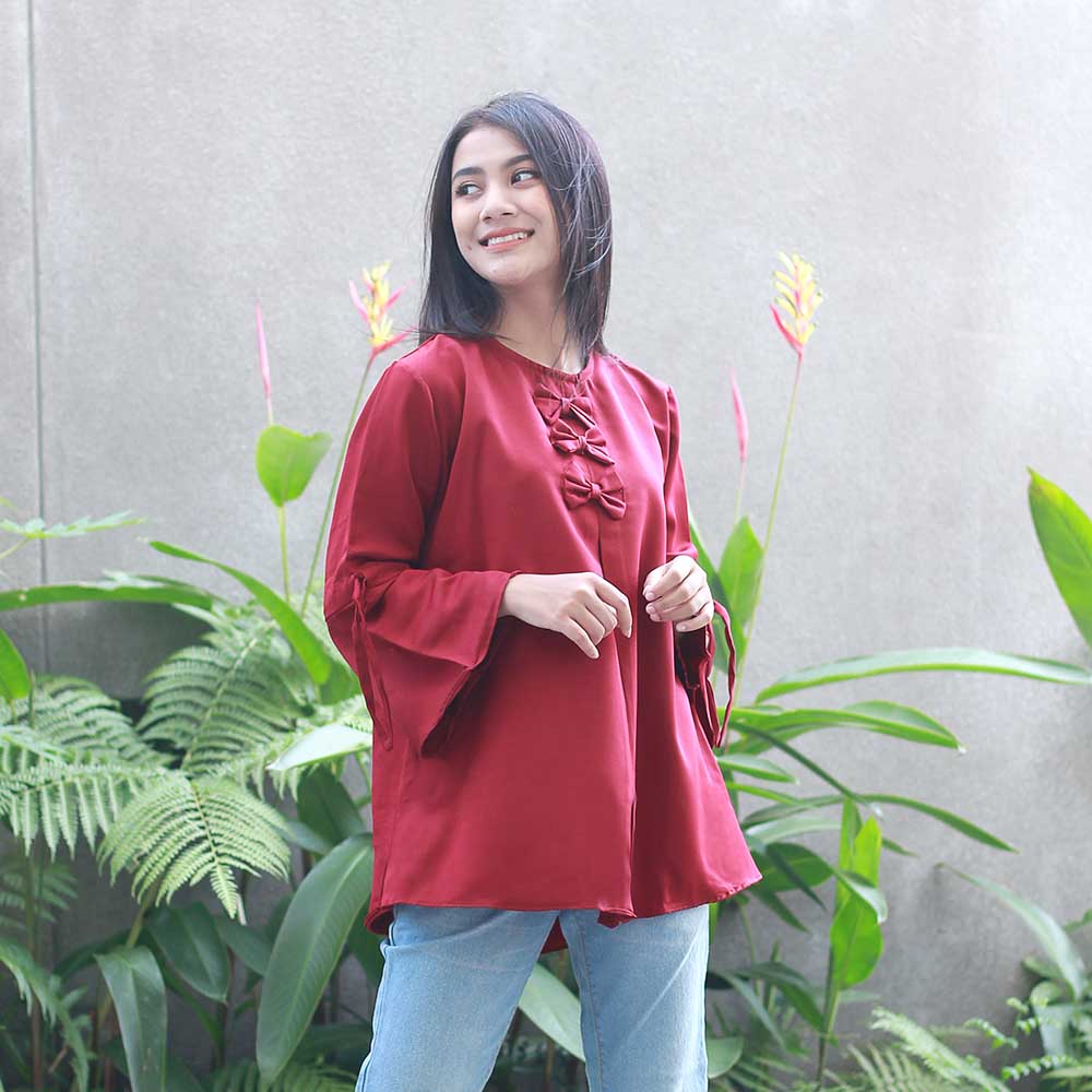 ATASAN BLOUSE KASUAL WANITA MAROON VELVET INFICLO SRS 893 - Image 9