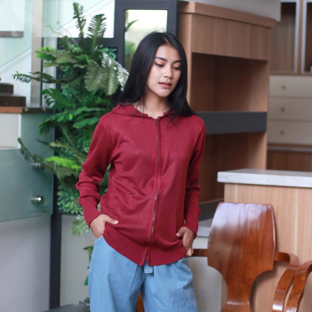 JAKET SWEATER HOODIE KASUAL WANITA MARUN RAJUT INFICLO SGG 895 - Image 8